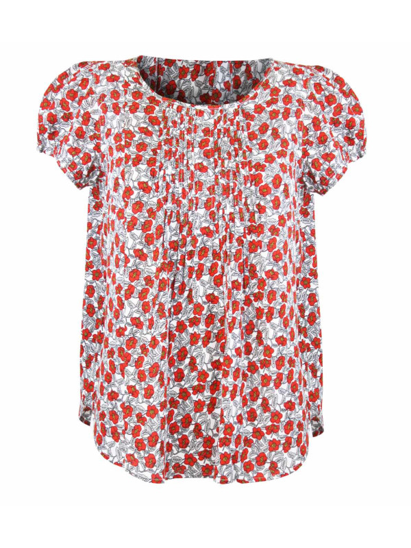 Chemisier plissé fleuri femme – Rouge/gris, manches courtes, viscose