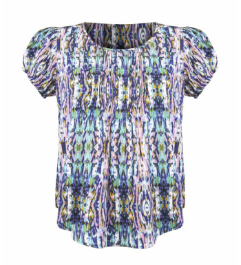 Chemisier plissé bleu/blanc femme – Manches courtes, viscose