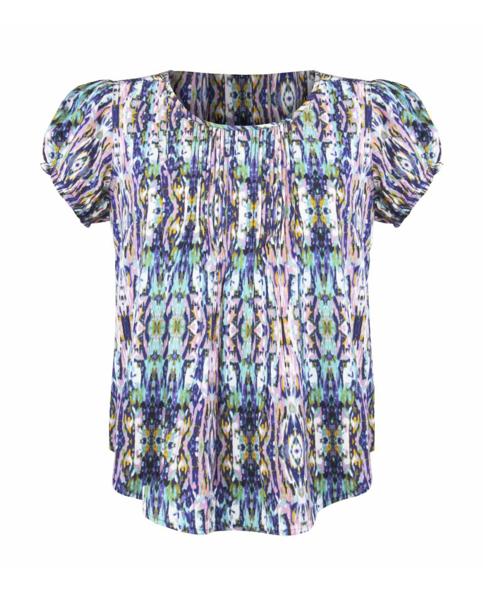 Chemisier plissé bleu/blanc femme – Manches courtes, viscose