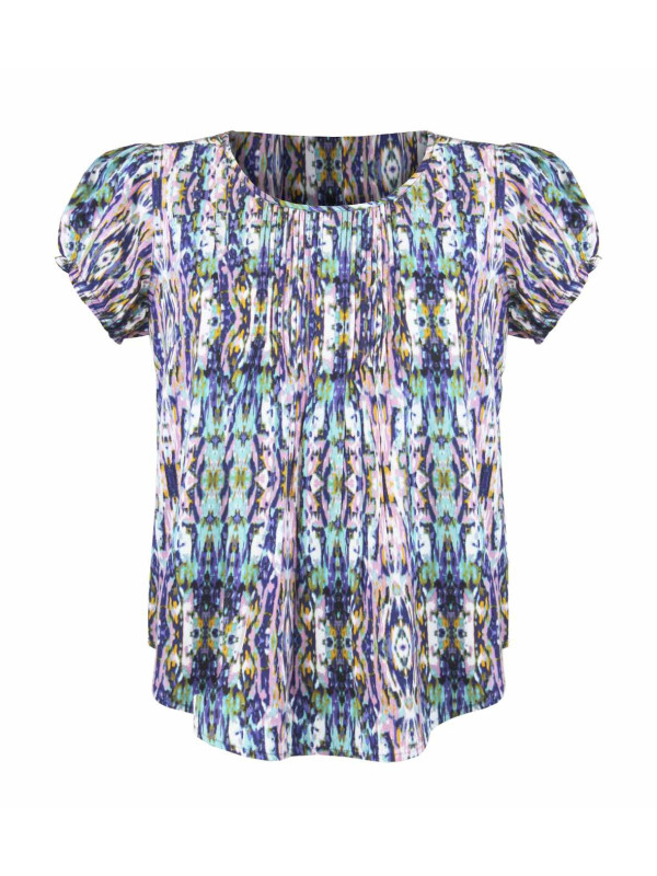 Chemisier plissé bleu/blanc femme – Manches courtes, viscose