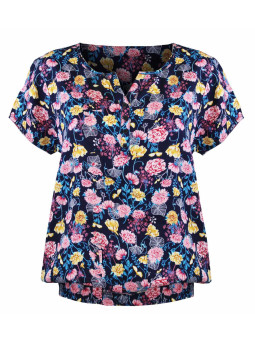 Chemisier fleuri bleu/rose femme – Manches courtes, viscose