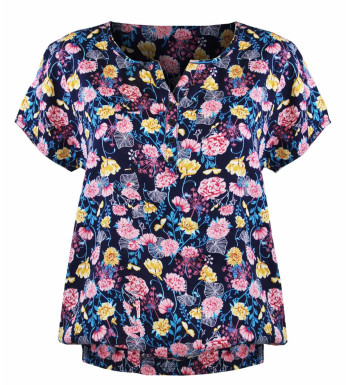 Chemisier fleuri bleu/rose femme – Manches courtes, viscose