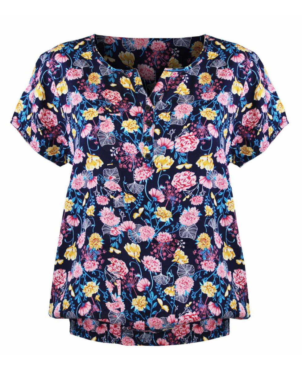 Chemisier fleuri bleu/rose femme – Manches courtes, viscose
