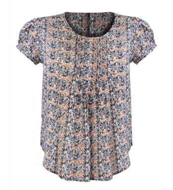 Chemisier fleuri plissé femme – Bleu/rouille, viscose, manches courtes