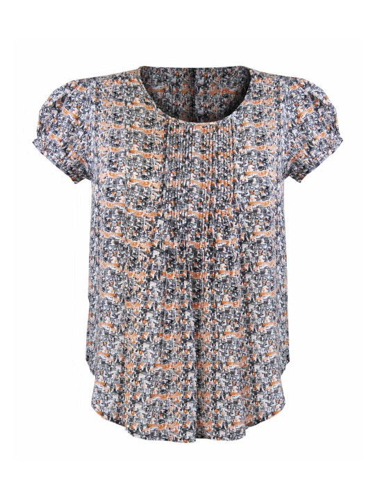 Chemisier fleuri plissé femme – Bleu/rouille, viscose, manches courtes