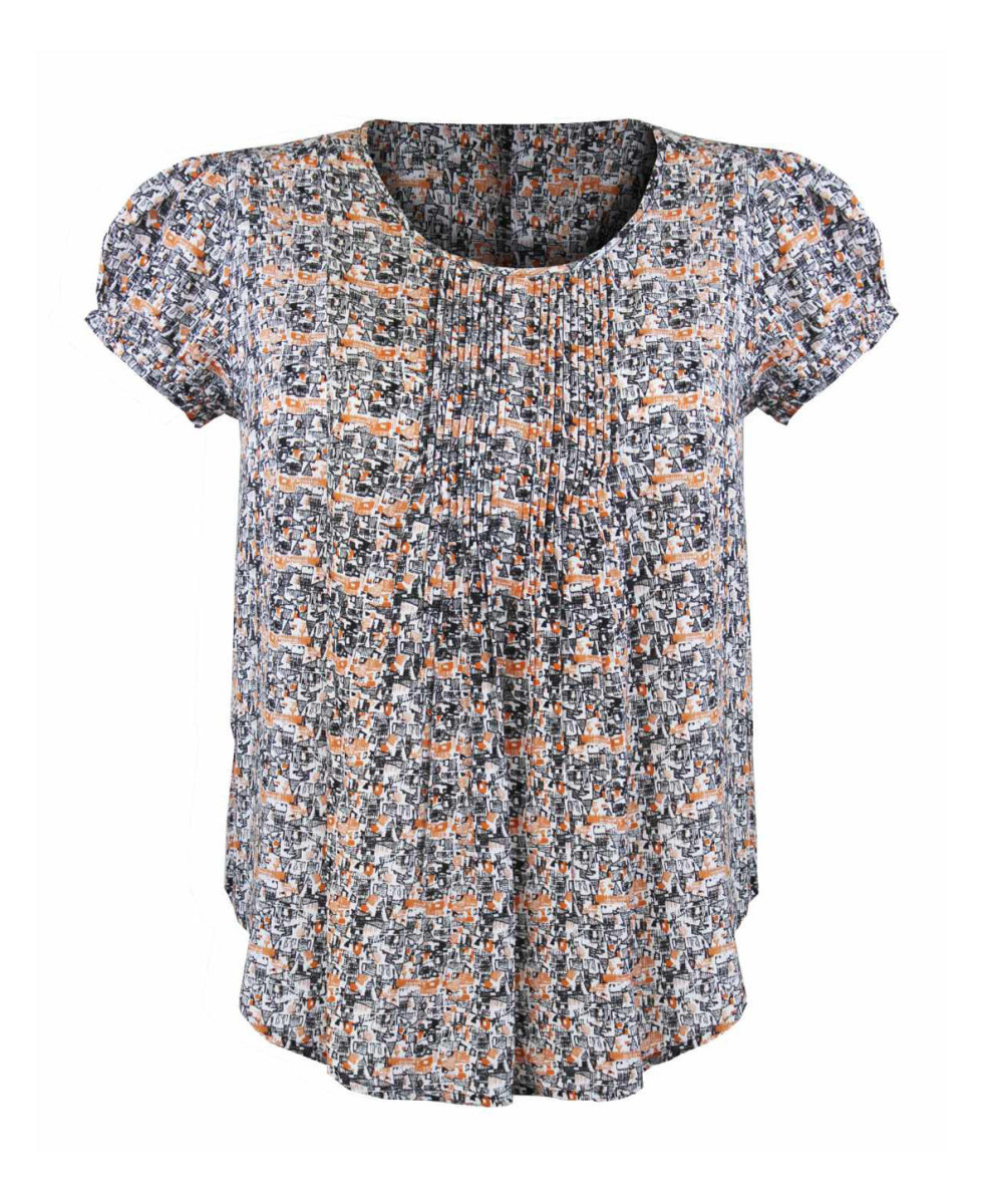 Chemisier fleuri plissé femme – Bleu/rouille, viscose, manches courtes