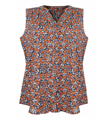 Chemisier sans manche orange fleuri – Viscose, col rond ouvert