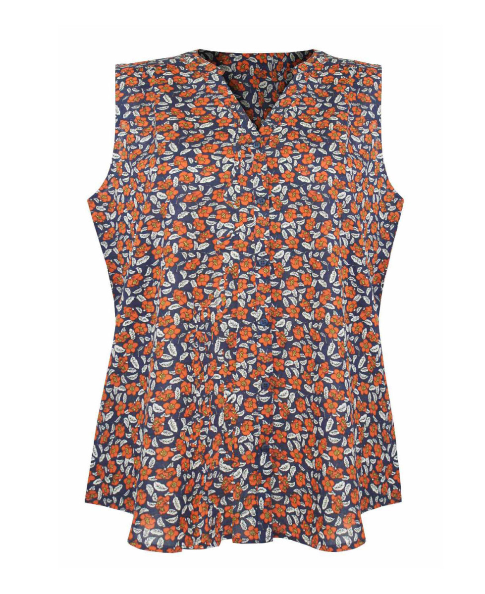 Chemisier sans manche orange fleuri – Viscose, col rond ouvert