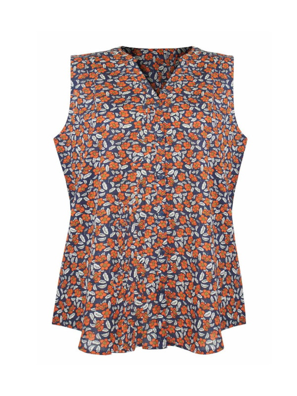 Chemisier sans manche orange fleuri – Viscose, col rond ouvert