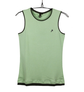 Débardeur vert coton femme – Col rond, liserais noirs