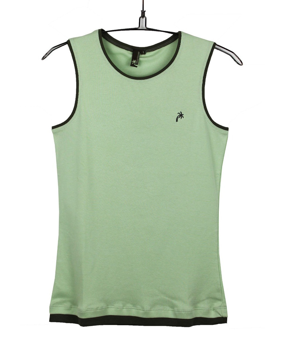 Débardeur vert coton femme – Col rond, liserais noirs