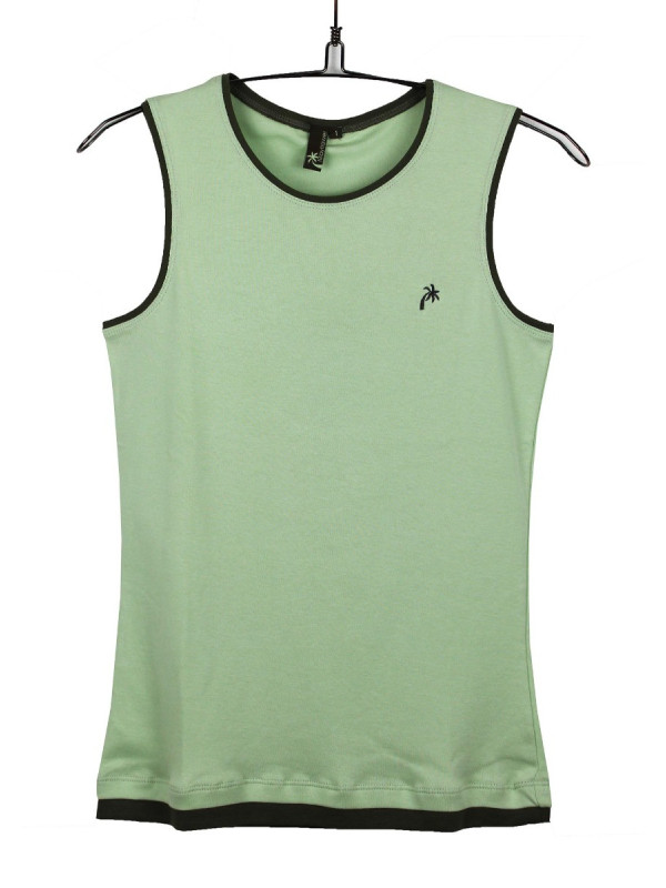 Débardeur vert coton femme – Col rond, liserais noirs